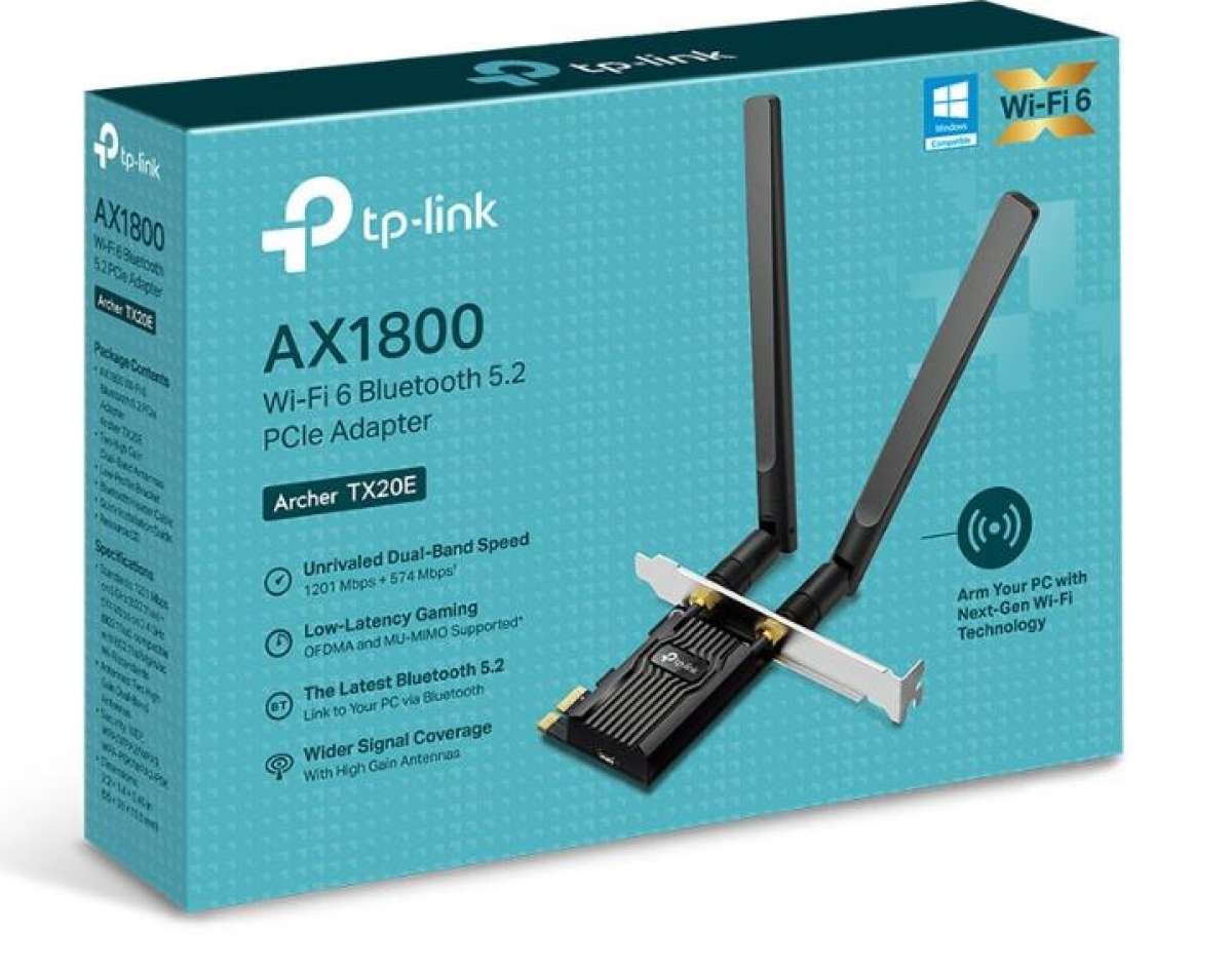 Cạc mạng không dây TP-Link PCI-E Archer TX20E (Chuẩn AX/ AX1800Mbps/ 2 Ăng-ten ngoài/ Bluetooth)
