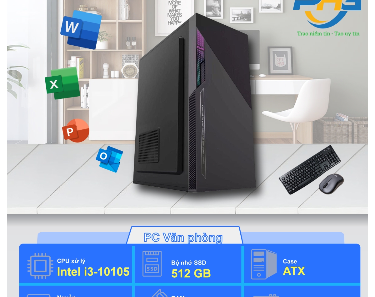 PC Văn phòng I3-10105/H510/RAM 8GB/SSD 256GB/350W