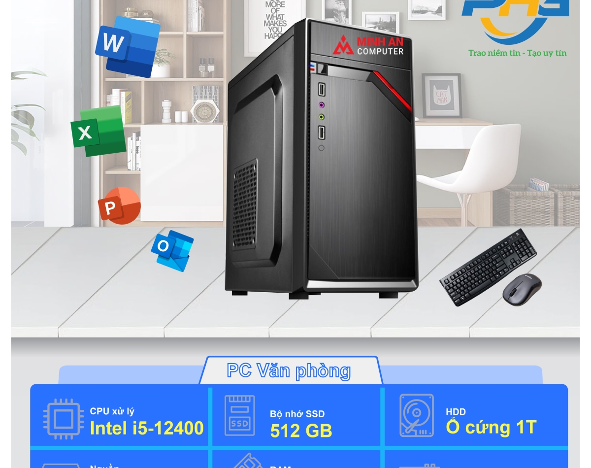 PC Văn phòng I5-12400/H610/RAM 16GB/SSD 256GB + HDD 1TB/500W