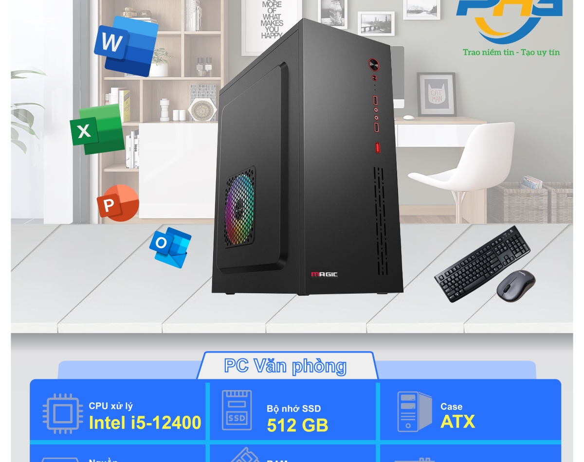 PC Văn phòng I5-12400/H610/RAM 16GB/SSD 256GB/350W