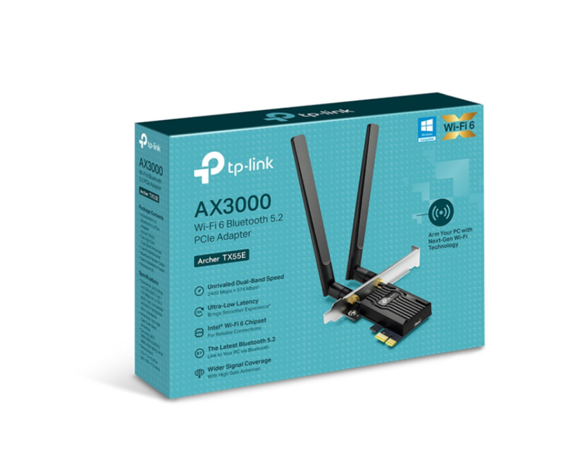 Cạc mạng không dây TP-Link PCI-E Archer TX55E (Chuẩn AX/ AX3000Mbps/ 2 Ăng-ten ngoài/ Bluetooth)