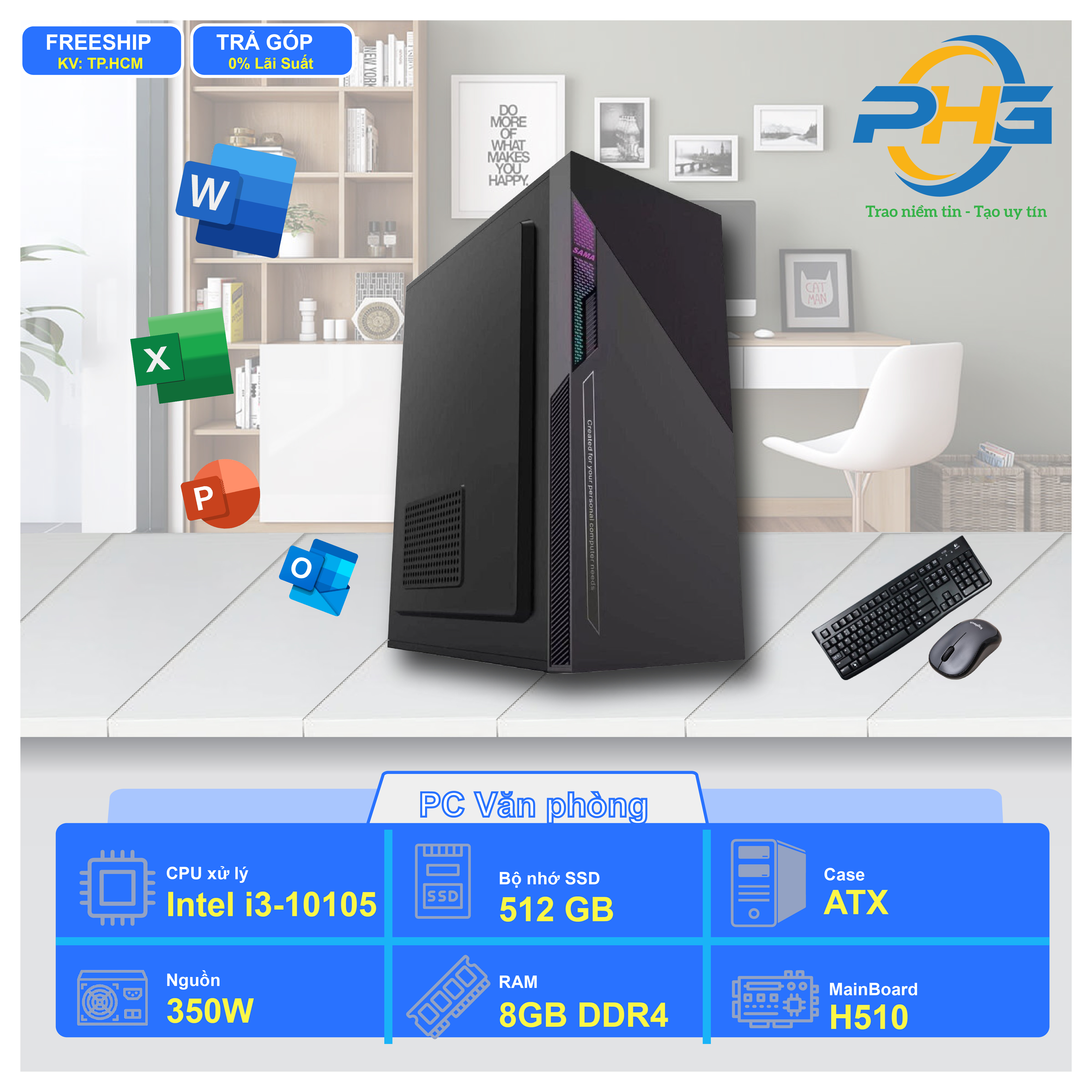 PC Văn phòng I3-10105/H510/RAM 8GB/SSD 256GB/350W